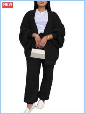 Womens 2 Piece Sweater Set Waffle Knit Cardigan & Pants Set
